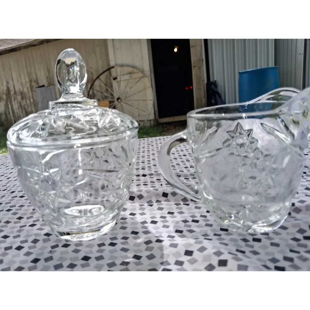 Vintage Anchor Hocking Sugar Bowl With Lid And Creamer Starburst - Star Of David